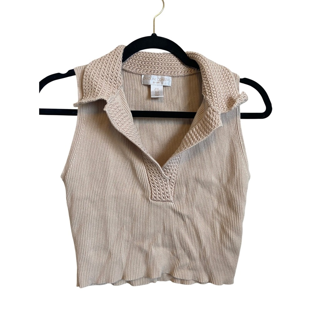 Caroline Constas Beige Ribbed Knit Sleeveless Polo Top Crochet Collar Medium
